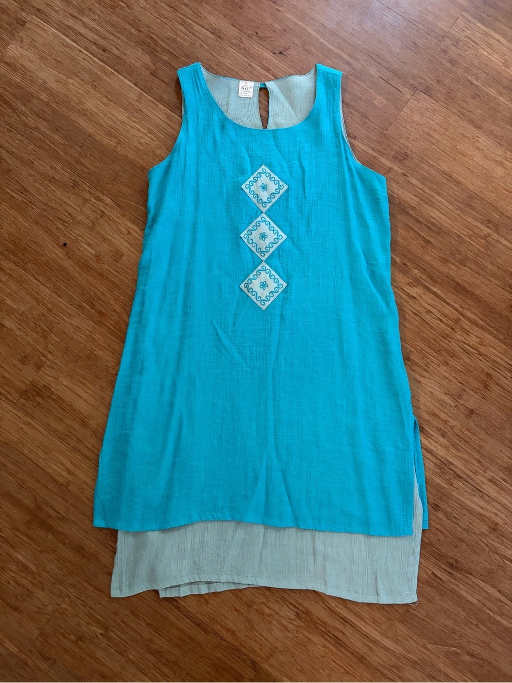 N&T Vintage Silk Cotton Blend Layered Tunic Dress Turquoise Boho Sz S